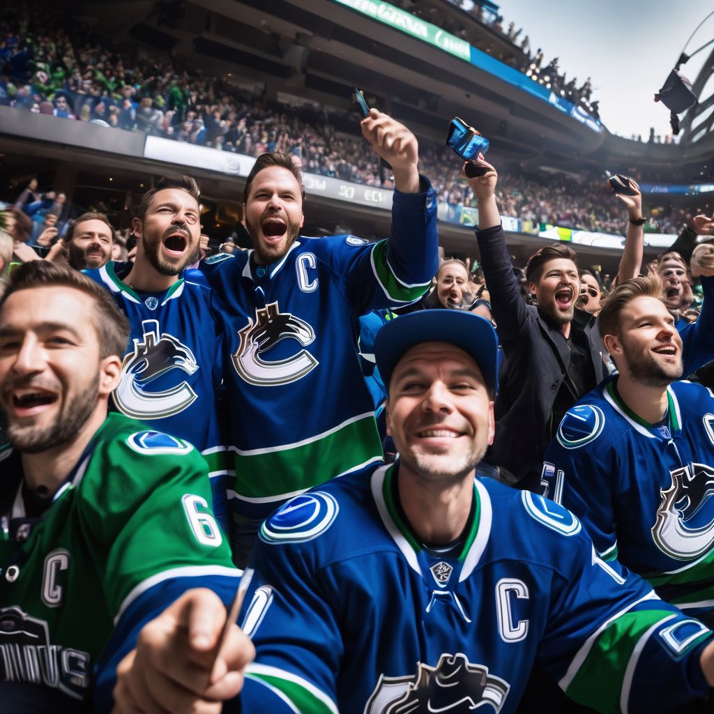 Passionate Vancouver Canucks fans cheering in the arena during a game.